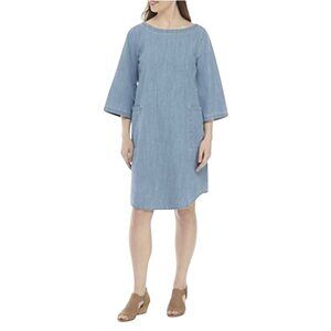 Eileen Fisher Organic Cotton Chambray 3/4 Sleeve Sheath Dress Size S
